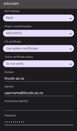 The Android settings for connecting to Eduroam as described in the text of this step.