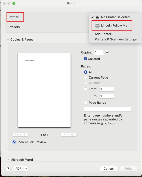 Select Printer within the App