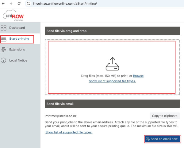 Drag File into box Or Click on Email now
