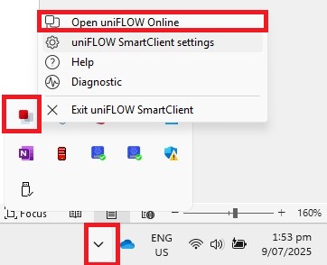 System Tray - Select Open UniFlow Online